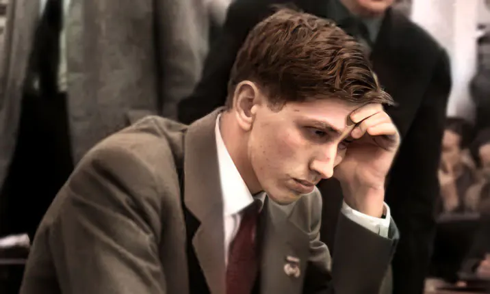 Photo de Robert James Fischer jouant aux échecs à Leipzig lors de l'olympiade de 1960